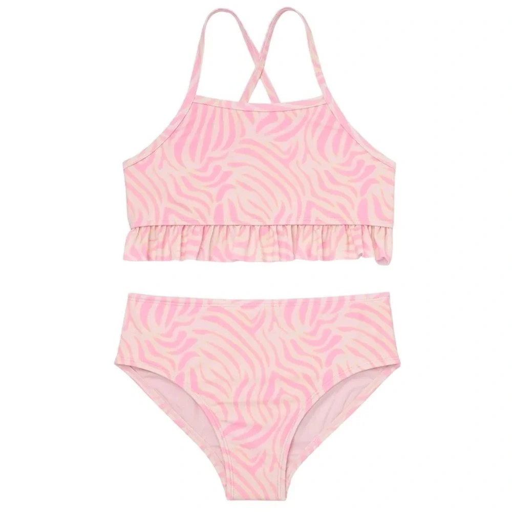 Wonder Nation Pink Cream Yellow Zebra Two Piece Ruffle Bikini Size XL 14/16